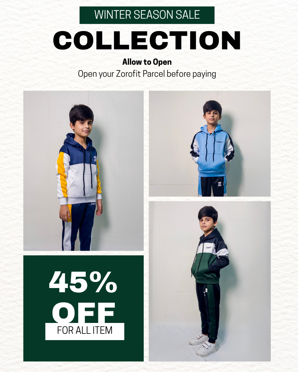 Winter season sale collection with children wearing colorful hoodies and pants on a plain background.