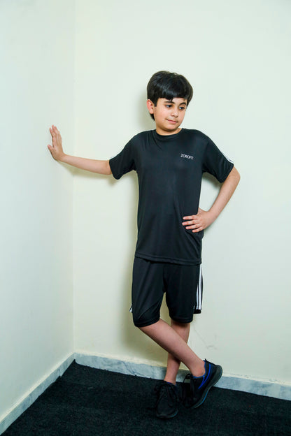 Black Triliner Kids Tracksuit with Shorts